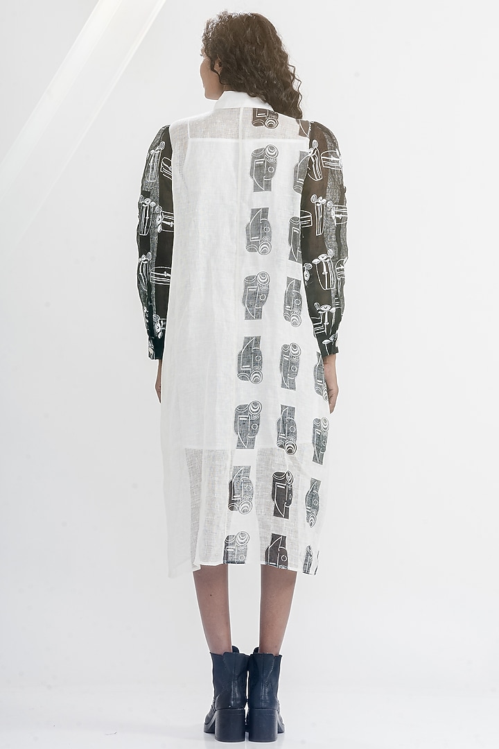 White & Black Linen Gauze Printed & Embroidered Boxy Summer Shirt Dress by ATBW | All Things Black & White at Pernia's Pop Up Shop