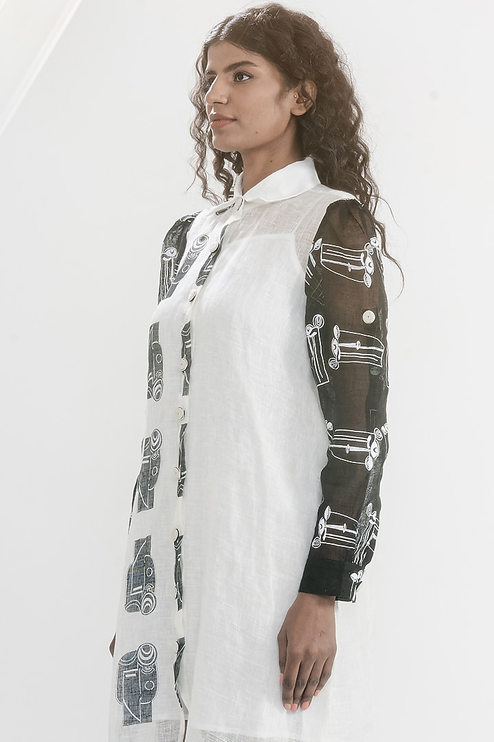 White & Black Linen Gauze Printed & Embroidered Boxy Summer Shirt Dress by ATBW | All Things Black & White at Pernia's Pop Up Shop
