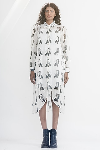 White & Black Linen Gauze Printed & Embroidered Boxy Shirt Dress by ATBW | All Things Black & White