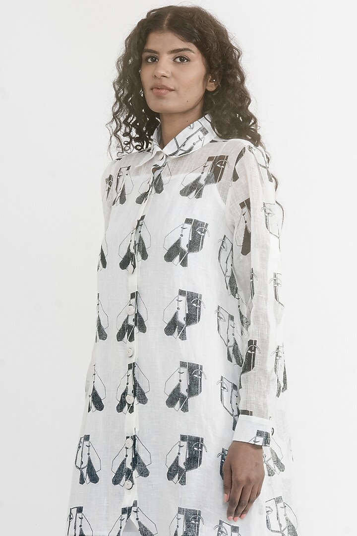 White & Black Linen Gauze Printed & Embroidered Boxy Summer Shirt Dress by ATBW | All Things Black & White at Pernia's Pop Up Shop