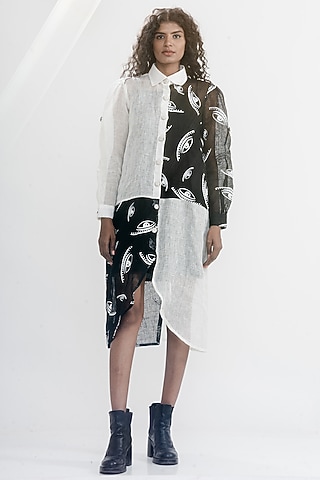 White & Black Linen Gauze Printed & Embroidered Boxy Shirt Dress by ATBW | All Things Black & White