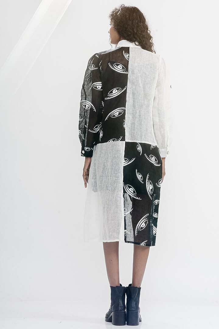 White & Black Linen Gauze Printed & Embroidered Boxy Summer Shirt Dress by ATBW | All Things Black & White at Pernia's Pop Up Shop