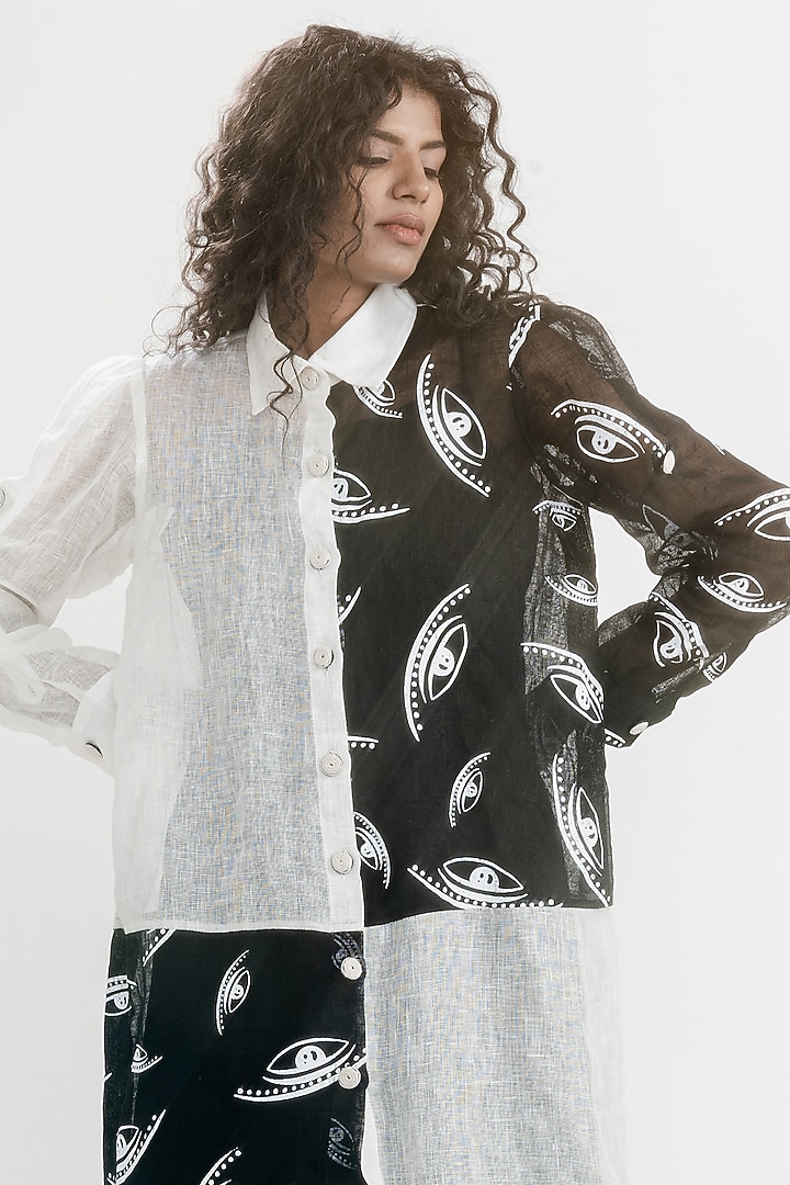 White & Black Linen Gauze Printed & Embroidered Boxy Summer Shirt Dress by ATBW | All Things Black & White at Pernia's Pop Up Shop