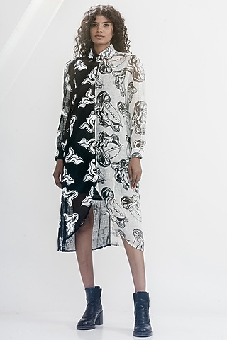 White & Black Linen Gauze Printed & Embroidered Boxy Shirt Dress by ATBW | All Things Black & White