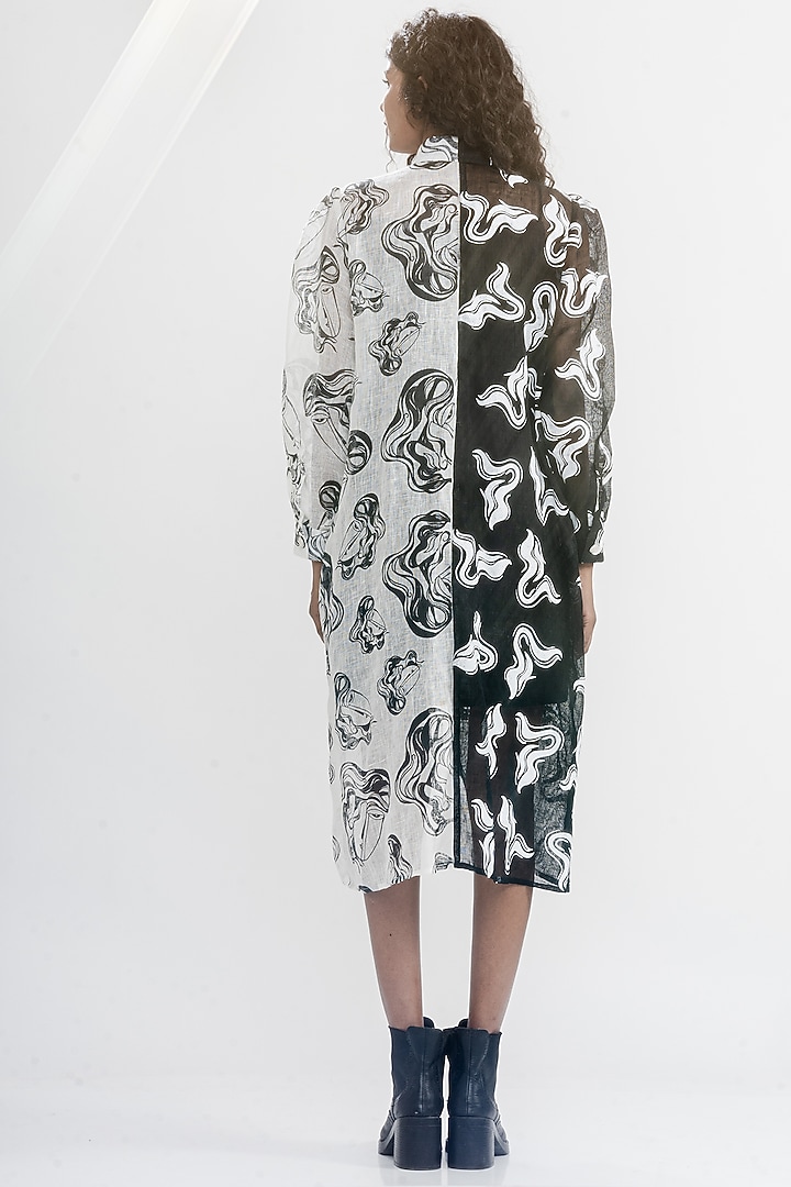 White & Black Linen Gauze Printed & Embroidered Boxy Summer Shirt Dress by ATBW | All Things Black & White at Pernia's Pop Up Shop