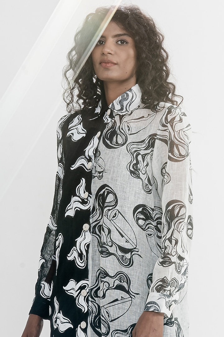 White & Black Linen Gauze Printed & Embroidered Boxy Summer Shirt Dress by ATBW | All Things Black & White at Pernia's Pop Up Shop
