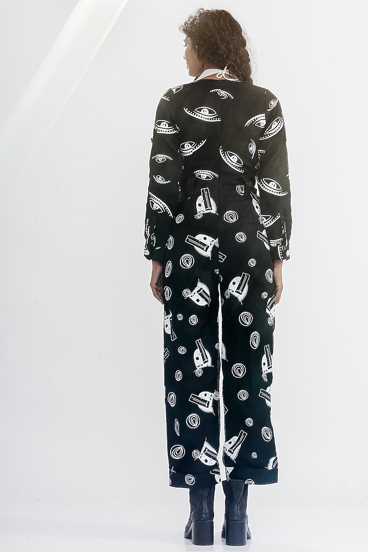 Black & White Linen Gauze Printed & Embroidered Jumpsuit by ATBW | All Things Black & White at Pernia's Pop Up Shop