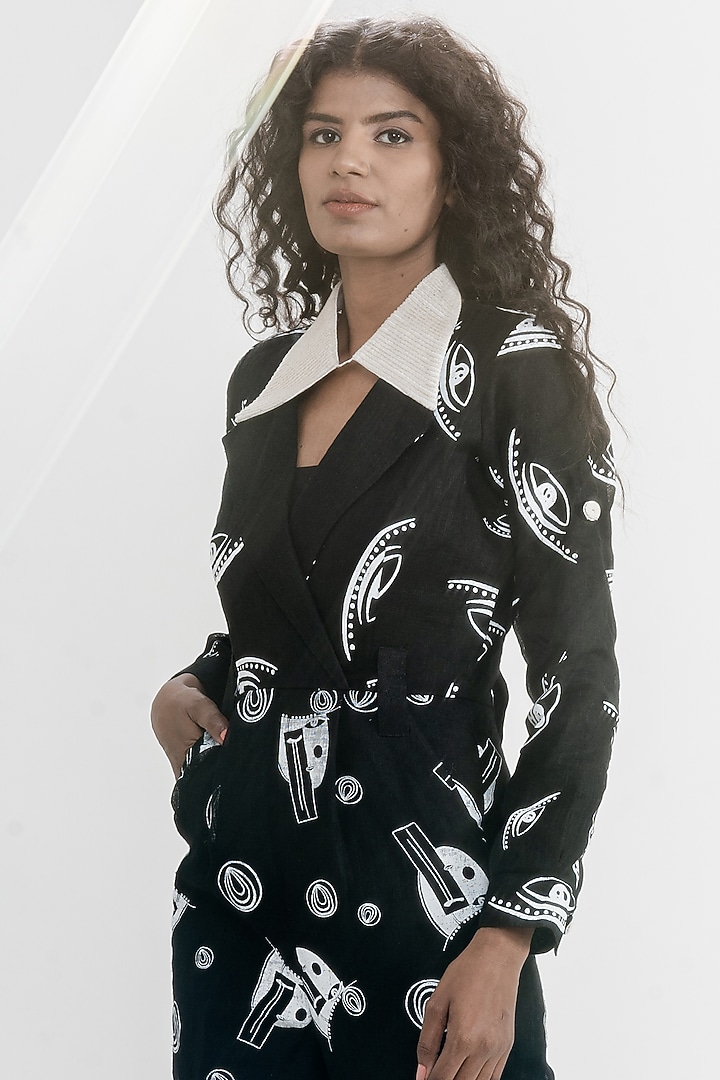 Black & White Linen Gauze Printed & Embroidered Jumpsuit by ATBW | All Things Black & White at Pernia's Pop Up Shop