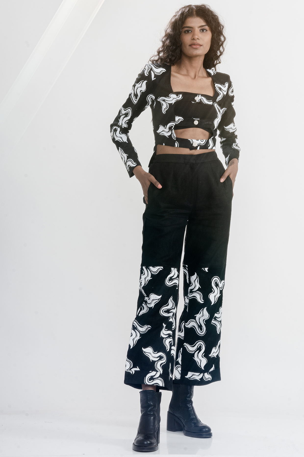 White & Black Linen Gauze Printed Cropped Blazer by ATBW | All Things Black & White