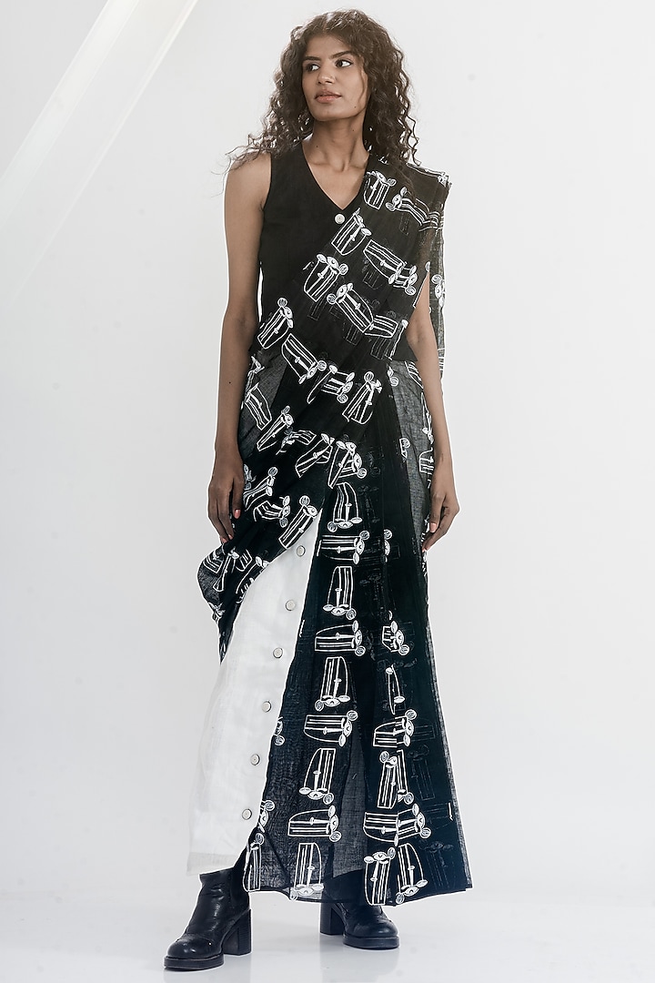 White & Black Linen Gauze Printed Pre-Stitched Saree Set by ATBW | All Things Black & White at Pernia's Pop Up Shop