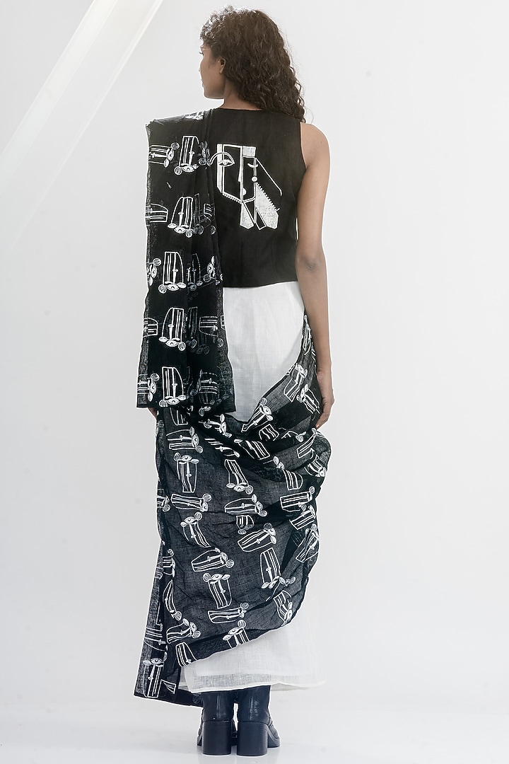 White & Black Linen Gauze Printed Pre-Stitched Party Wear Saree Set by ATBW | All Things Black & White at Pernia's Pop Up Shop