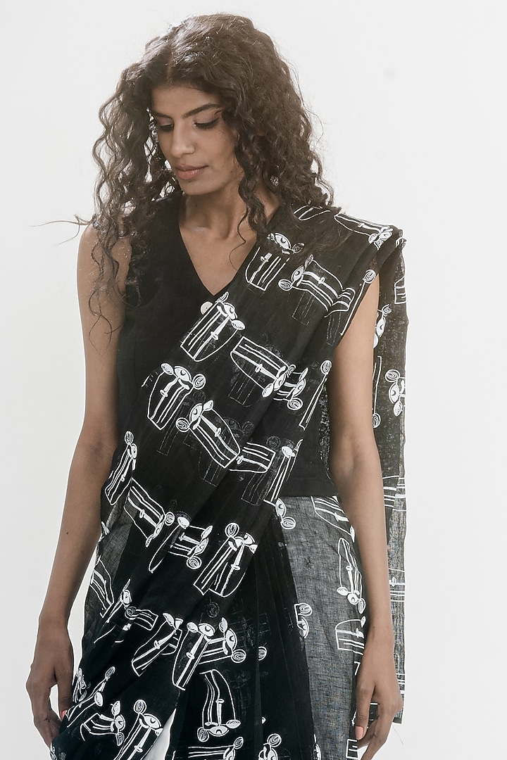 White & Black Linen Gauze Printed Pre-Stitched Party Wear Saree Set by ATBW | All Things Black & White at Pernia's Pop Up Shop