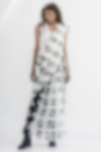 White & Black Linen Gauze Printed Pre-Stitched Party Wear Saree Set by ATBW | All Things Black & White at Pernia's Pop Up Shop