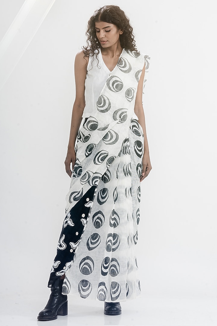 White & Black Linen Gauze Printed Pre-Stitched Party Wear Saree Set by ATBW | All Things Black & White at Pernia's Pop Up Shop