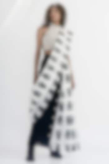 White & Black Linen Gauze Printed Pre-Stitched Saree Set by ATBW | All Things Black & White