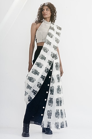 White & Black Linen Gauze Printed Pre-Stitched Saree Set by ATBW | All Things Black & White