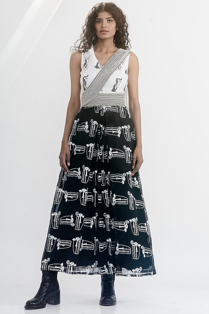 White & Black Linen Gauze Printed Pre-Stitched Saree Dress by ATBW | All Things Black & White