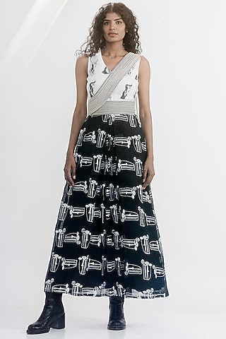 White & Black Linen Gauze Printed Pre-Stitched Saree Dress by ATBW | All Things Black & White