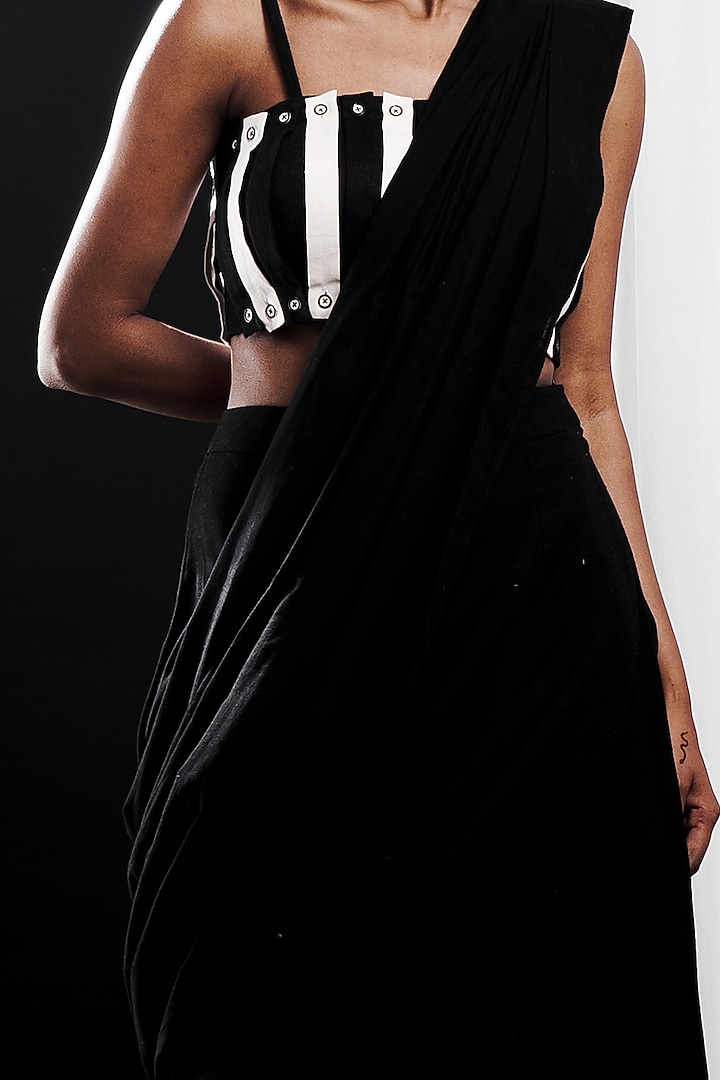 Black Khadi Cotton Party Wear Saree by ATBW | All Things Black & White at Pernia's Pop Up Shop
