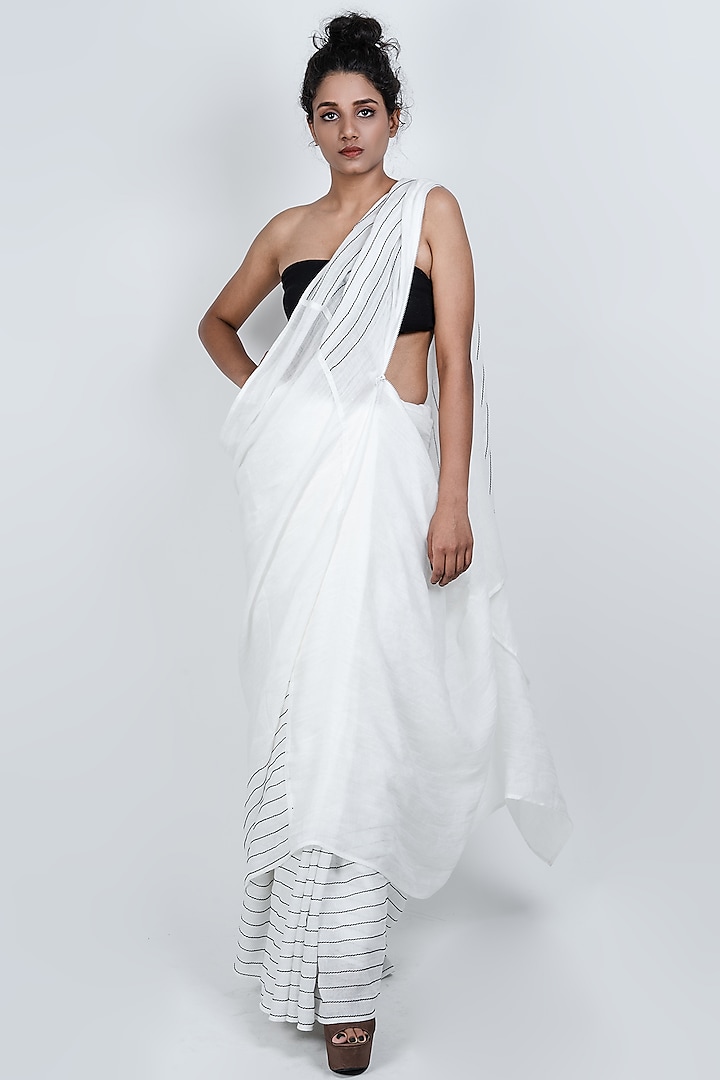 White Cotton Linen Thread Work Saree by ATBW | All Things Black & White