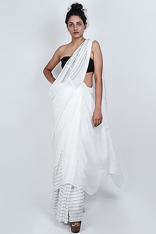 White Cotton Linen Thread Work Saree by ATBW | All Things Black & White