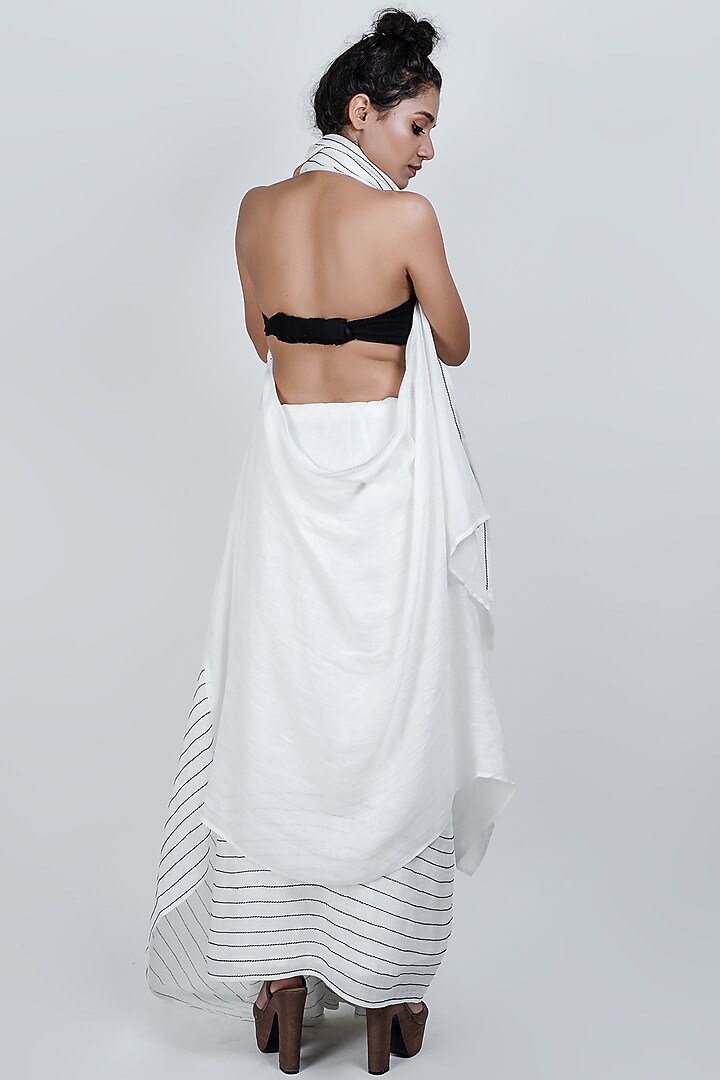 White Cotton Linen Thread Work Party Wear Saree by ATBW | All Things Black & White at Pernia's Pop Up Shop