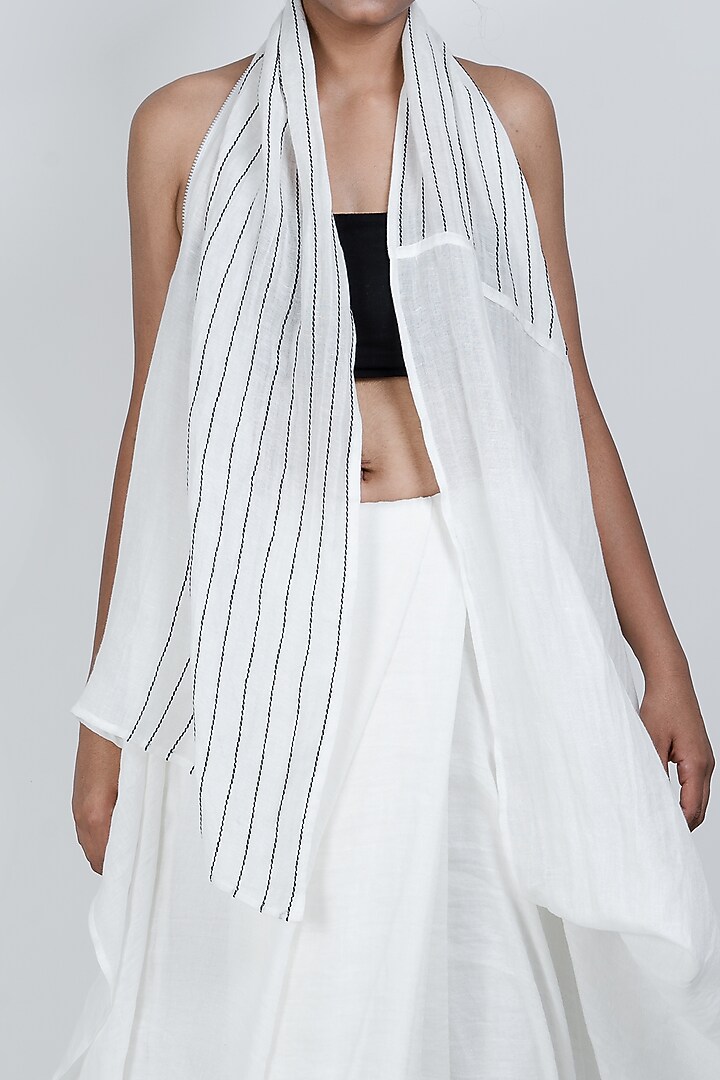 White Cotton Linen Thread Work Party Wear Saree by ATBW | All Things Black & White at Pernia's Pop Up Shop
