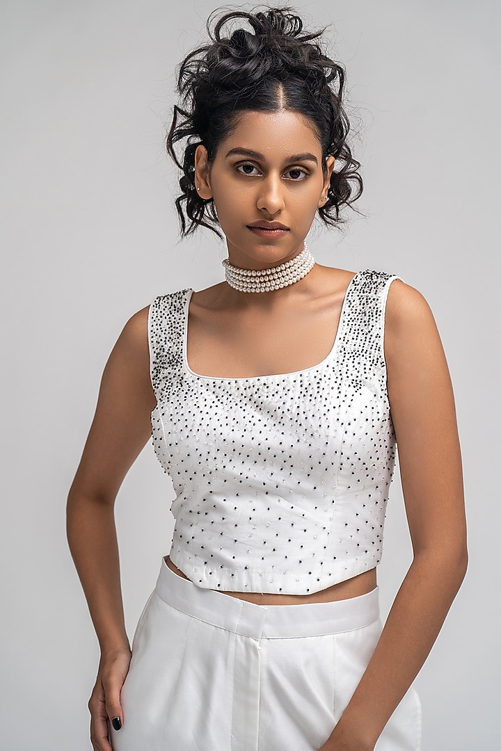 White Cotton Chanderi Hand Embroidered Bustier by ATBW | All Things Black & White at Pernia's Pop Up Shop