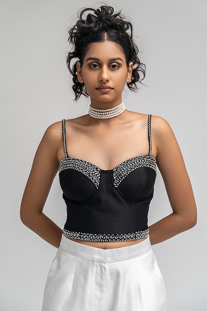 Black Cotton Chanderi Hand Embroidered Bustier by ATBW | All Things Black & White