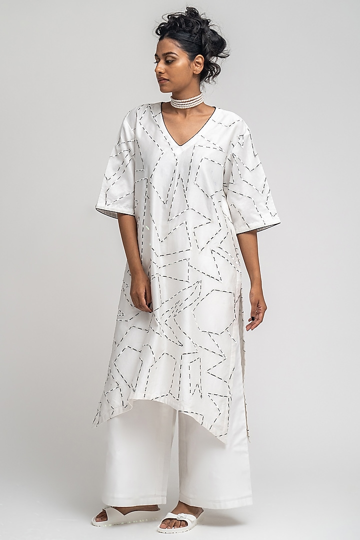 White Cotton Chanderi Machine Embroidered Co-Ord Set by ATBW | All Things Black & White at Pernia's Pop Up Shop