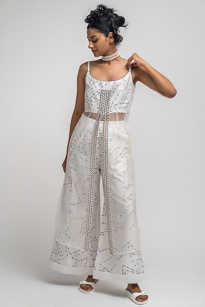 White Chanderi Hand & Machine Embroidered Co-Ord Set by ATBW | All Things Black & White at Pernia's Pop Up Shop