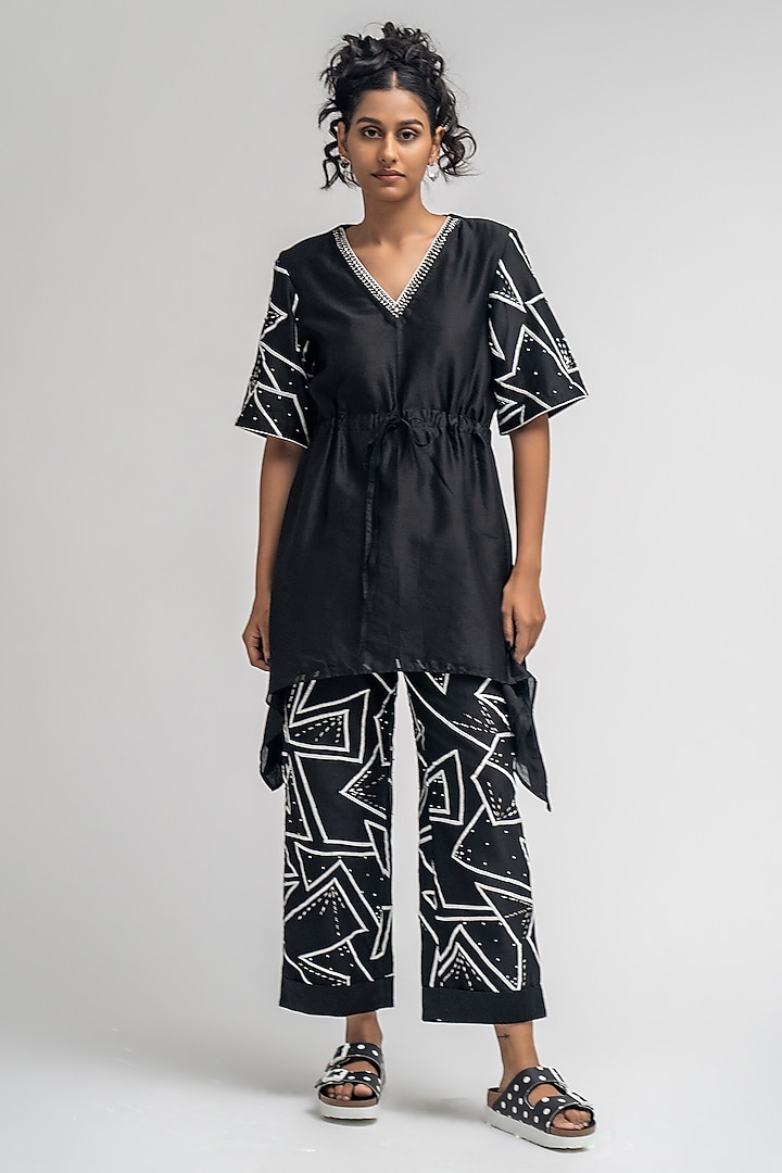 Black Cotton Chanderi Hand & Machine Embroidered Co-Ord Set by ATBW | All Things Black & White at Pernia's Pop Up Shop