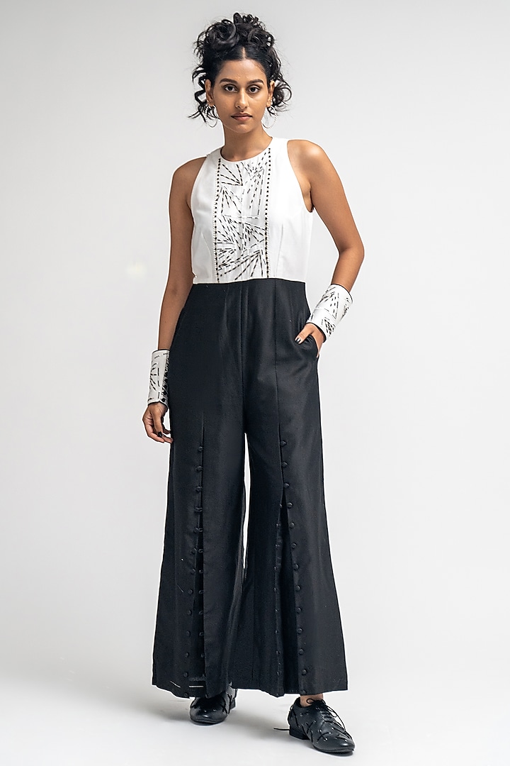 Black & White Cotton Chanderi Hand Embroidered Jumpsuit by ATBW | All Things Black & White at Pernia's Pop Up Shop