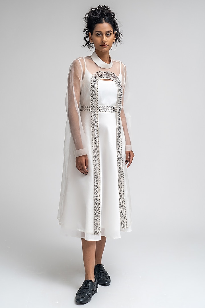 White Cotton Chanderi Hand Embroidered A-line Jacket Dress by ATBW | All Things Black & White