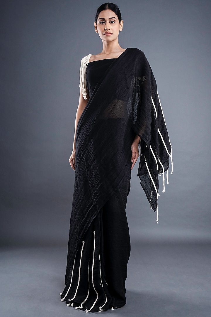 Black Cotton Embroidered Saree by ATBW | All Things Black & White