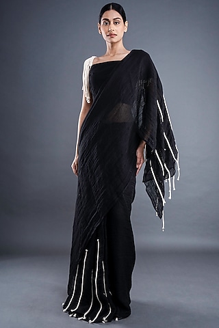 Black Cotton Embroidered Saree by ATBW | All Things Black & White