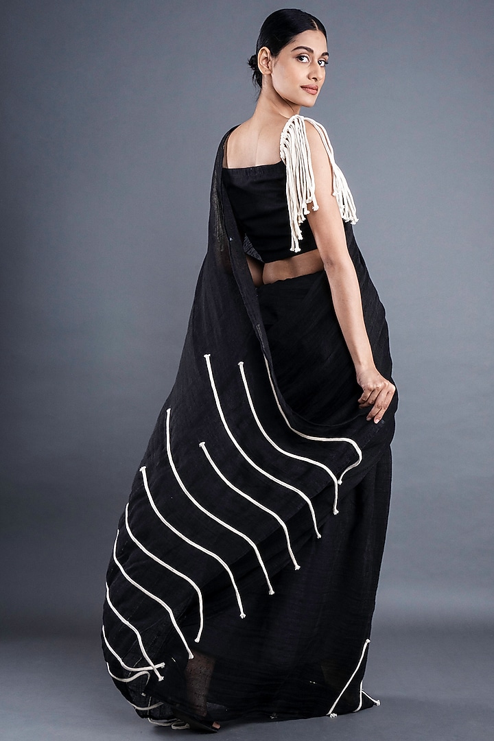 Black Cotton Embroidered Festive Saree by ATBW | All Things Black & White at Pernia's Pop Up Shop
