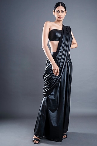 Black Leather Pre-Stitched Saree Set by ATBW | All Things Black & White