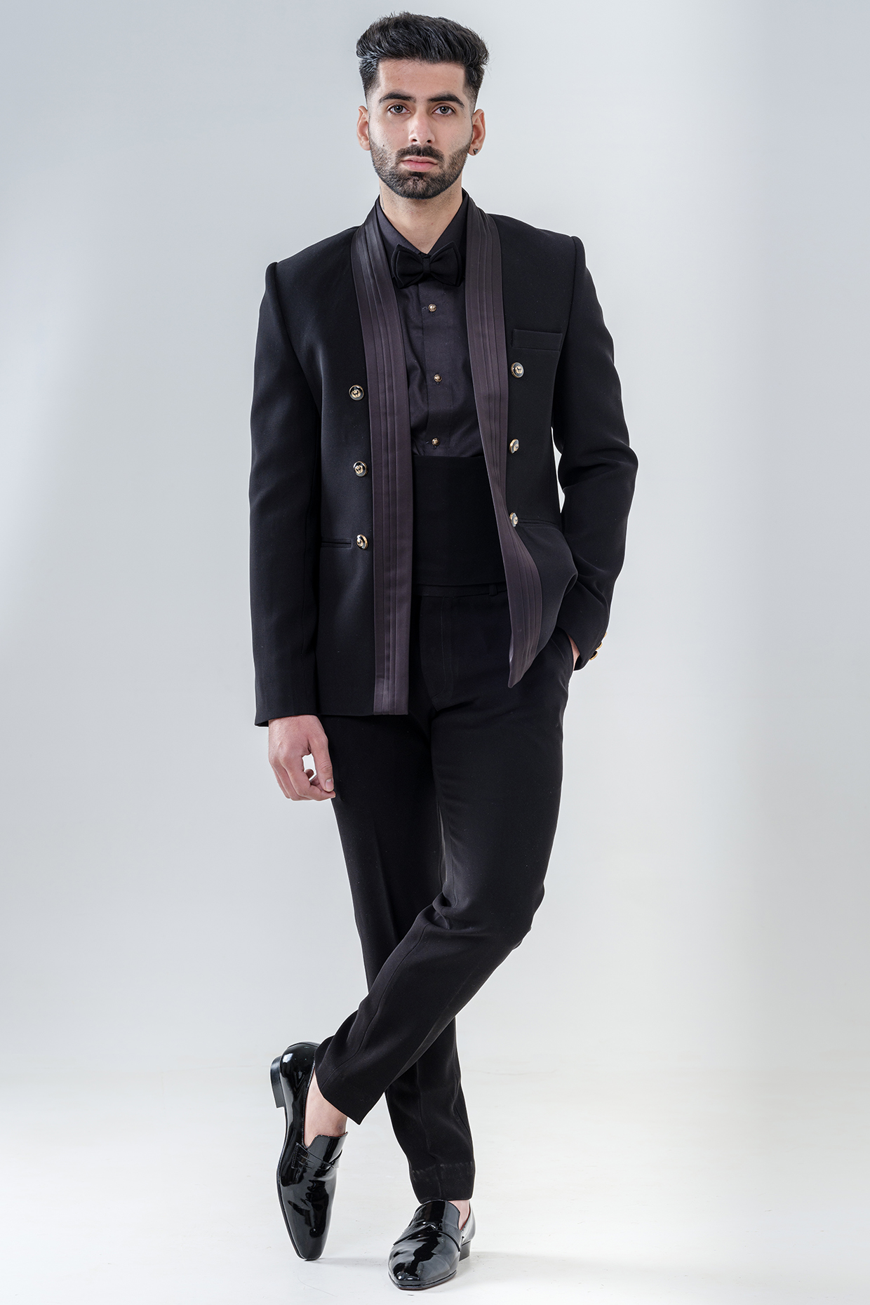 Black Japenese Polyester Tuxedo Set by Amrit Dawani at Pernia's Pop Up Shop