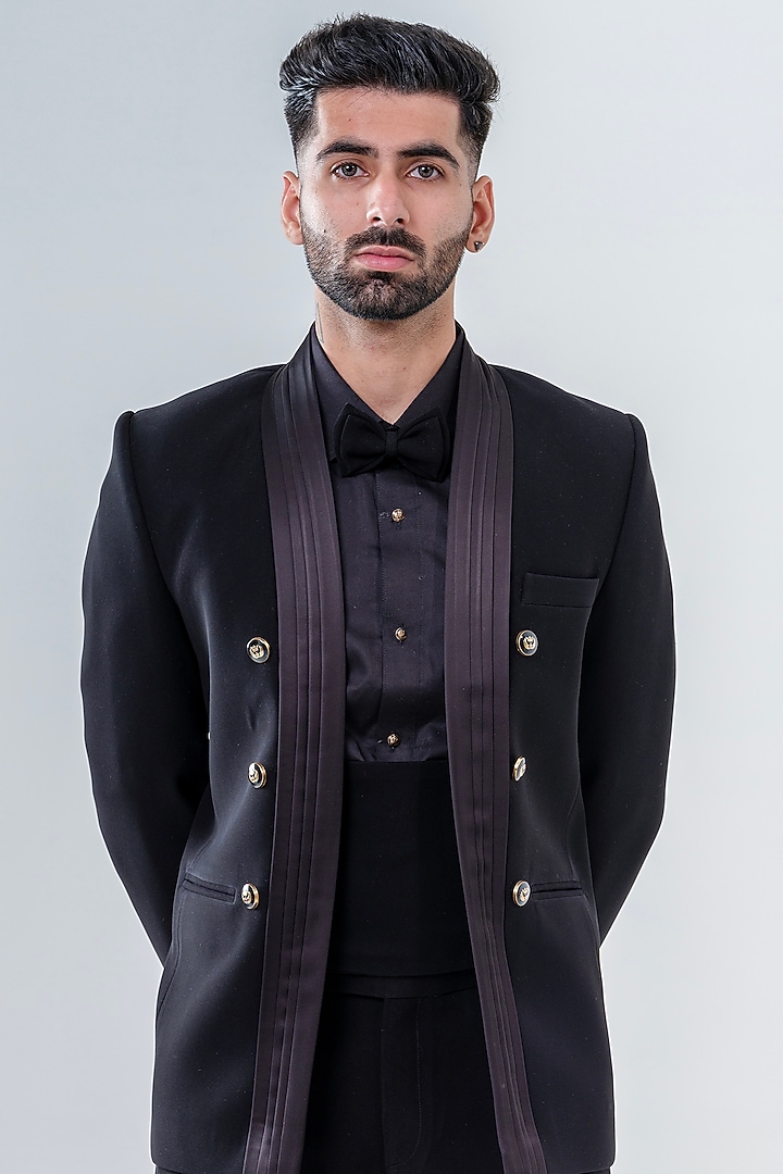 Black Japenese Polyester Tuxedo Set by Amrit Dawani at Pernia's Pop Up Shop