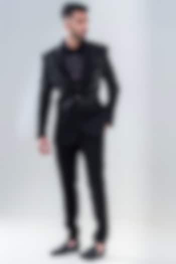 Black Japanese Polyester Embellished Tuxedo Set by Amrit Dawani at Pernia's Pop Up Shop