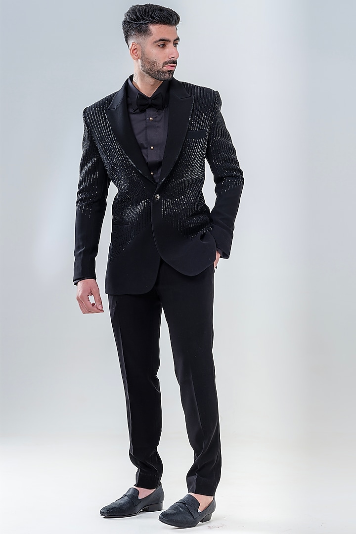 Black Japanese Polyester Embellished Tuxedo Set by Amrit Dawani at Pernia's Pop Up Shop