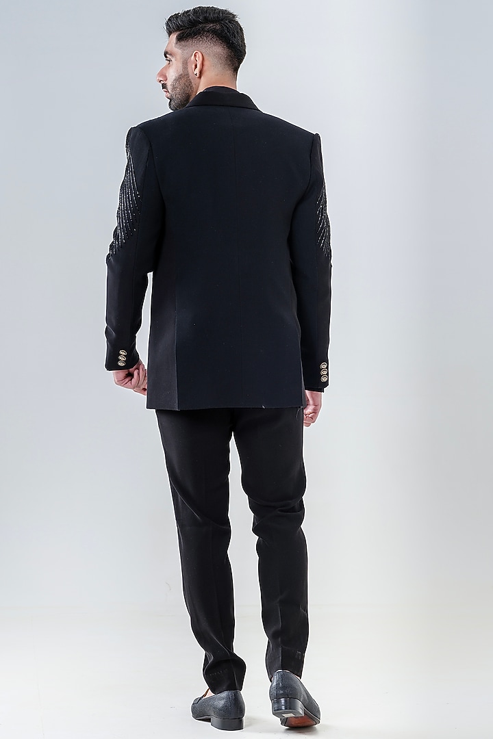 Black Japanese Polyester Embellished Tuxedo Set by Amrit Dawani at Pernia's Pop Up Shop