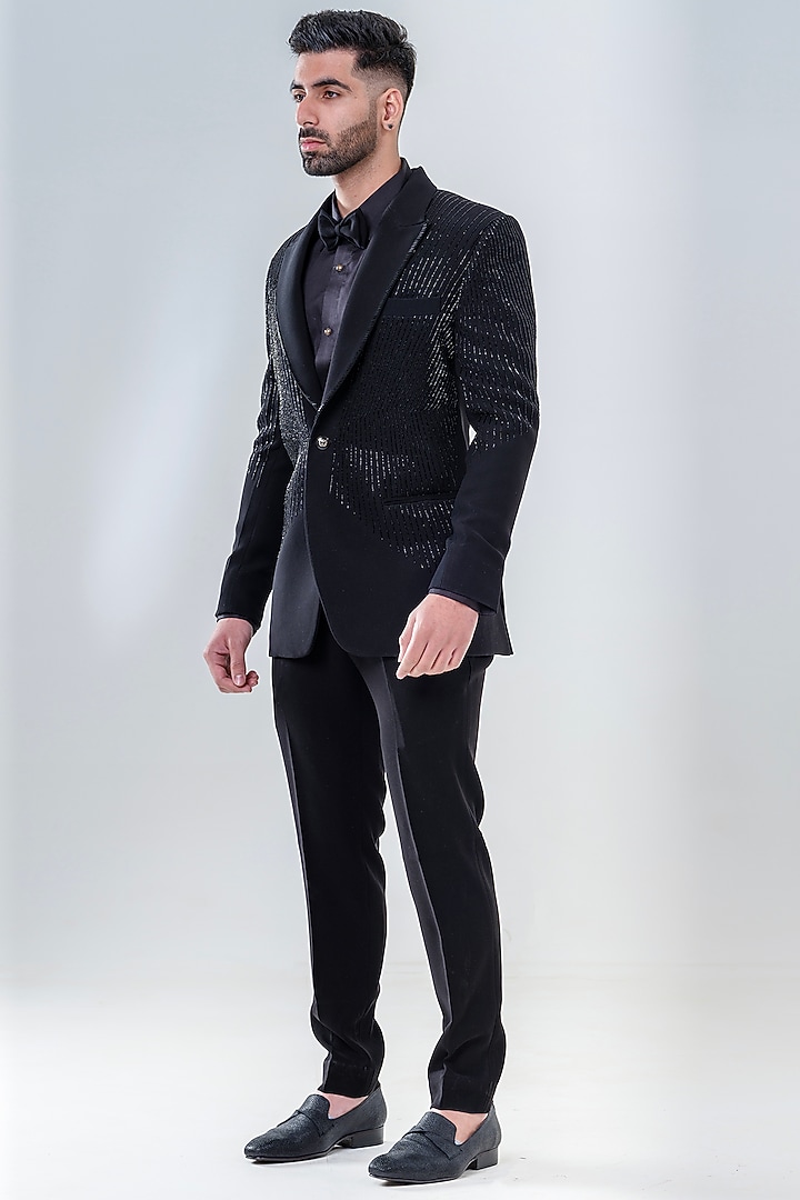 Black Japanese Polyester Embellished Tuxedo Set by Amrit Dawani at Pernia's Pop Up Shop