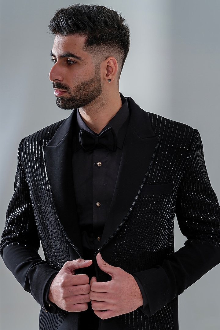 Black Japanese Polyester Embellished Tuxedo Set by Amrit Dawani at Pernia's Pop Up Shop