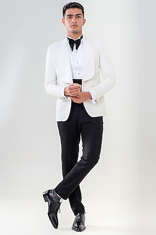 Ivory Japanese Polyester Embellished Tuxedo Set by Amrit Dawani