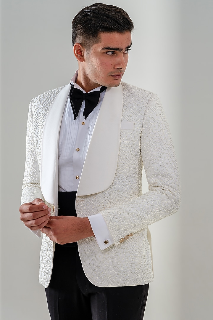 Ivory Japanese Polyester Embellished Tuxedo Set by Amrit Dawani at Pernia's Pop Up Shop