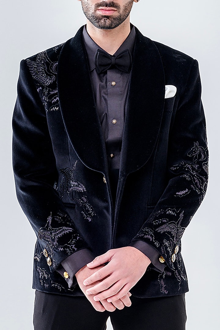 Black Velvet Embroidered Tuxedo Set by Amrit Dawani at Pernia's Pop Up Shop