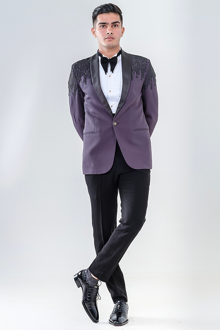 Grey Japanese Polyester Embellished Tuxedo Set by Amrit Dawani