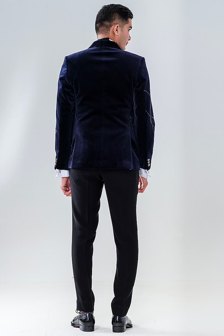 Navy Blue Velvet Embroidered Tuxedo Set by Amrit Dawani at Pernia's Pop Up Shop
